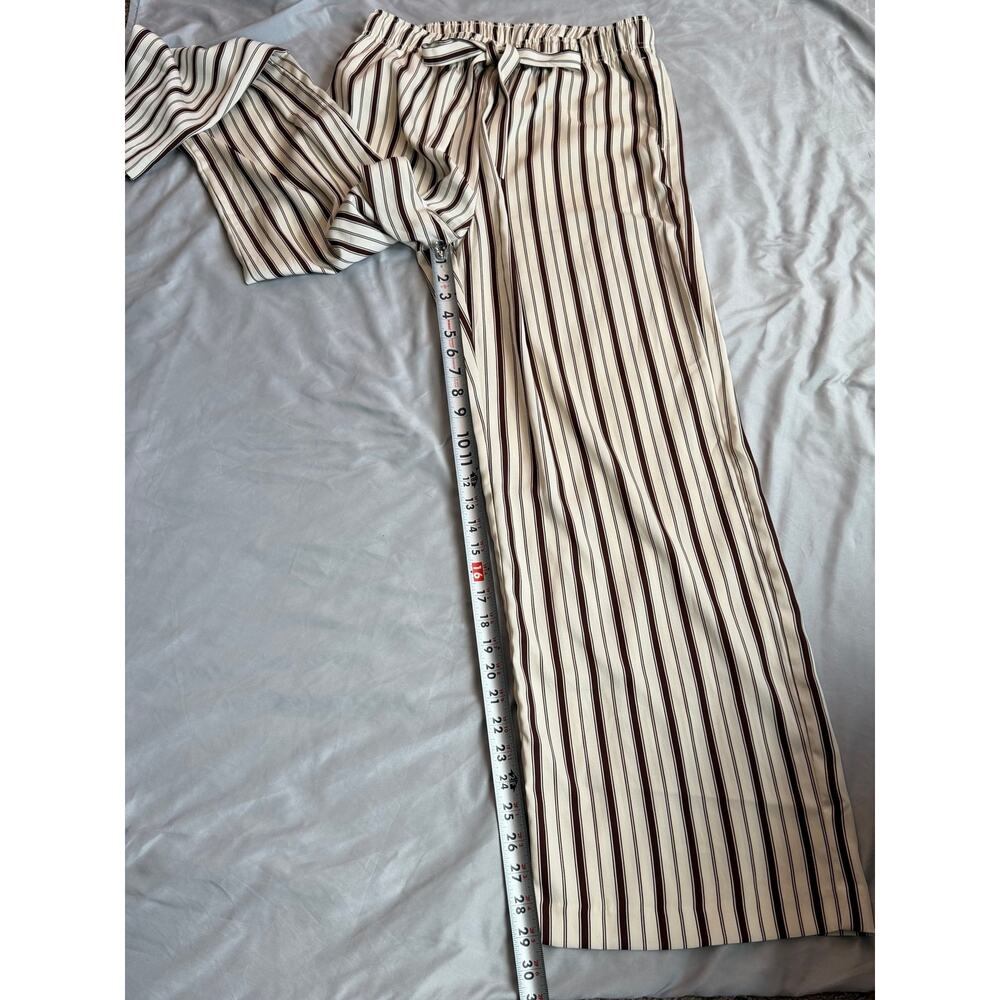 H&M Cream Brown Striped Wide Leg Pants Women's Medium Pull On Drawstring Palazzo - Picture 7 of 10